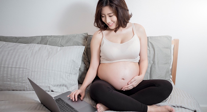 Pregnant woman working on the laptop computer